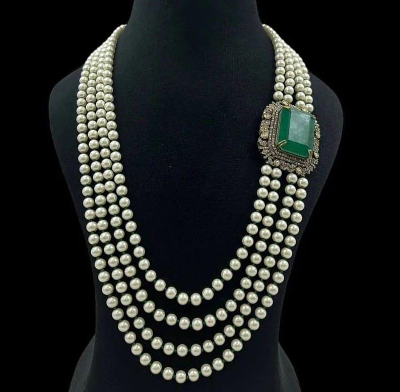 Long Victorian Layered Pearl Emerald Green Doublet Necklace With Statement Stud Earrings,long Indian Necklace sabyasachi Set