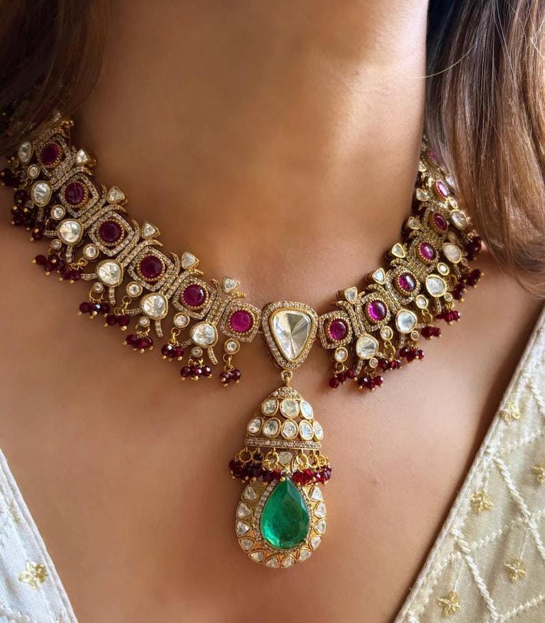Emerald navratan set Sabyasachi Inspired Gold Plated Ruby Pink  Kundan Polki Diamond Wedding Set Kundan Choker set