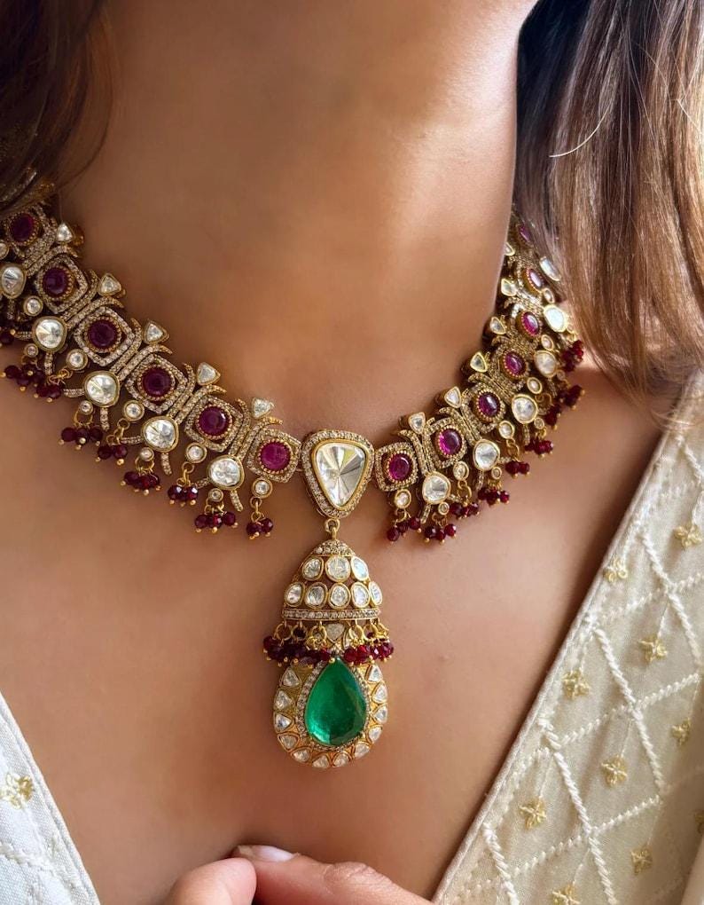 Emerald navratan set Sabyasachi Inspired Gold Plated Ruby Pink  Kundan Polki Diamond Wedding Set Kundan Choker set