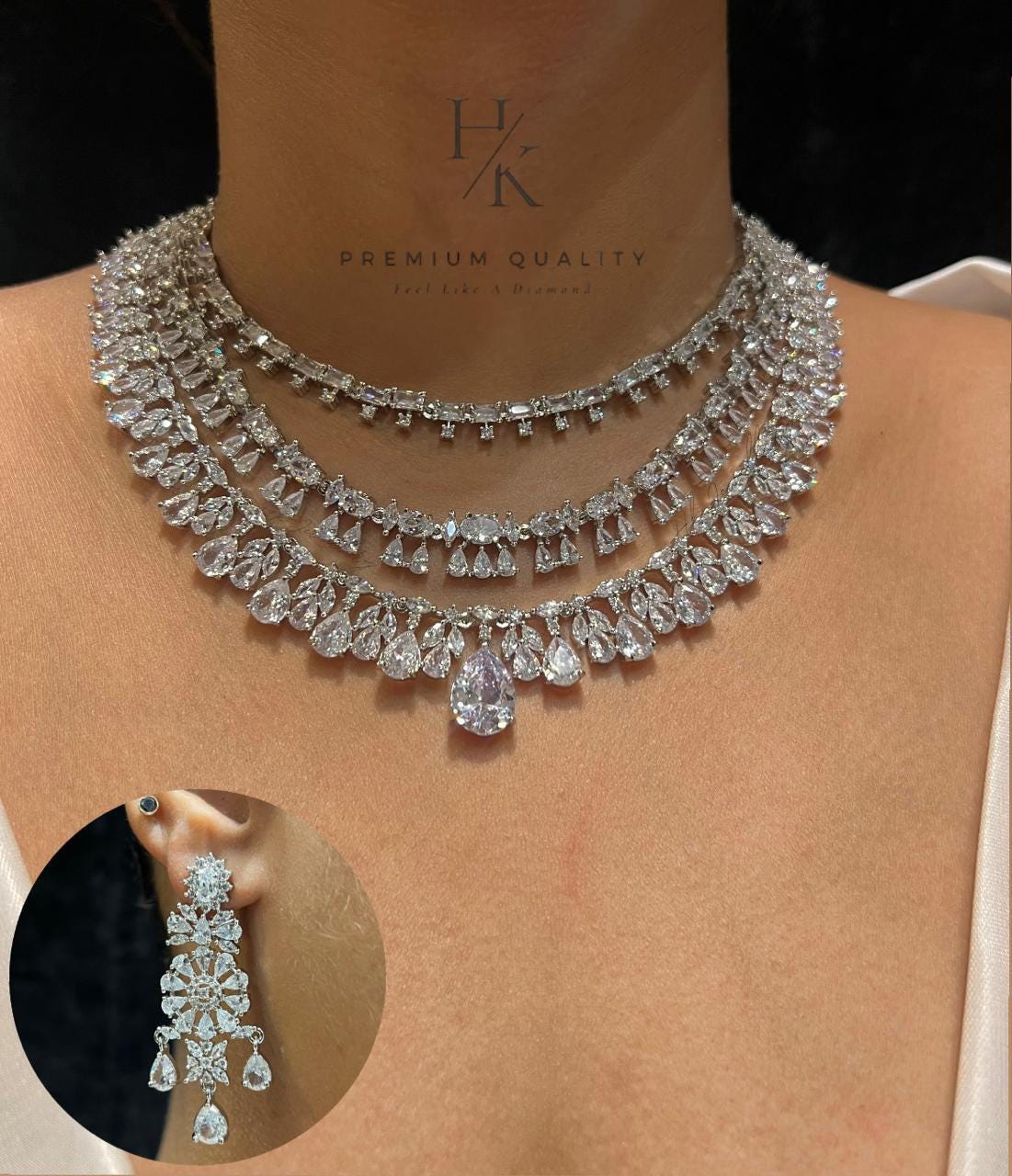 Amarican diamond layered necklace set with earrings/ ad necklace set/ diamond necklace set with earrings