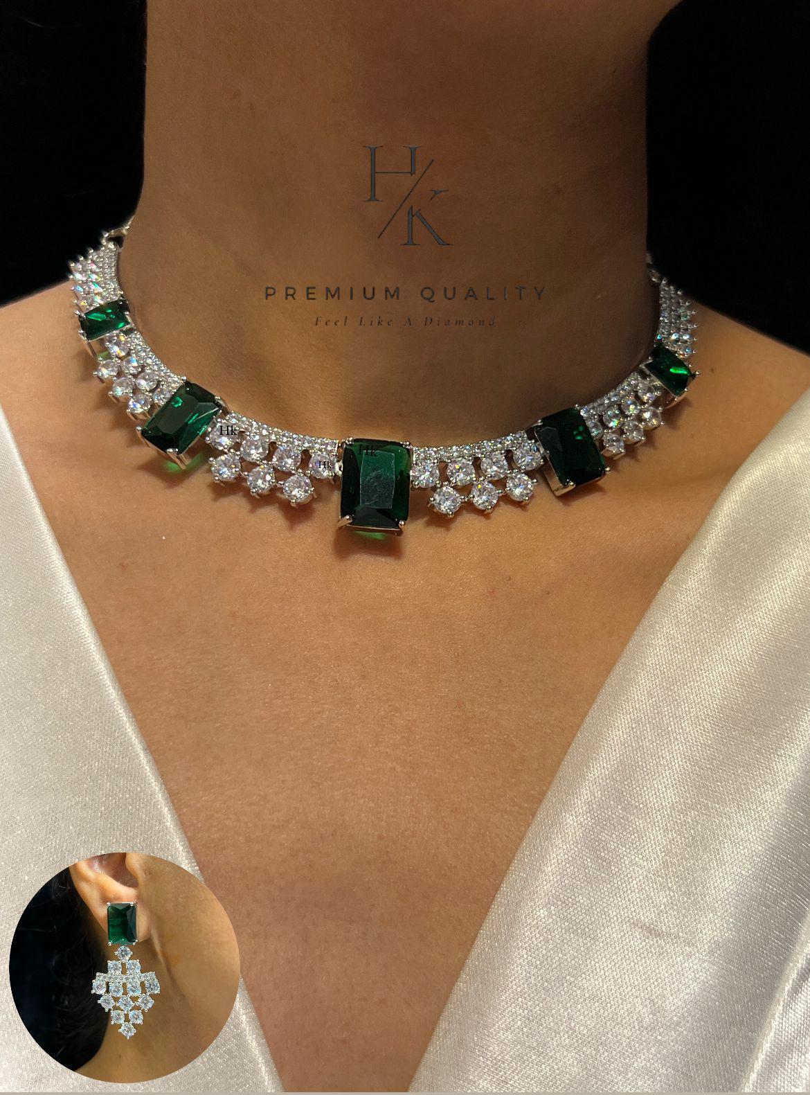 Emerald green american diamond necklace set with earrings/ emerald jewelry set/ diamond choker set