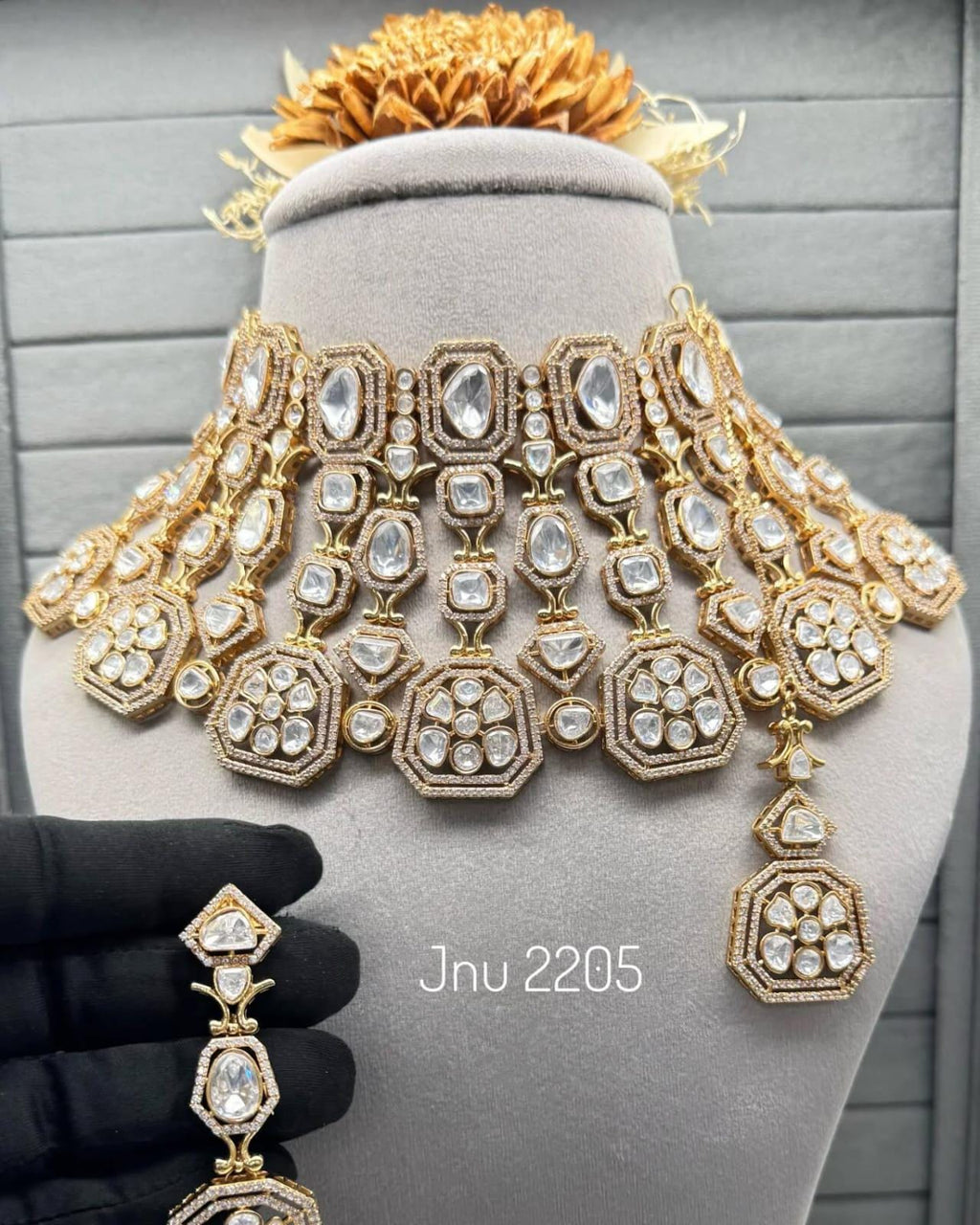 Bollywood celebrity inspired grand uncut kundan mossanite heavy necklace set with earrings and tikka