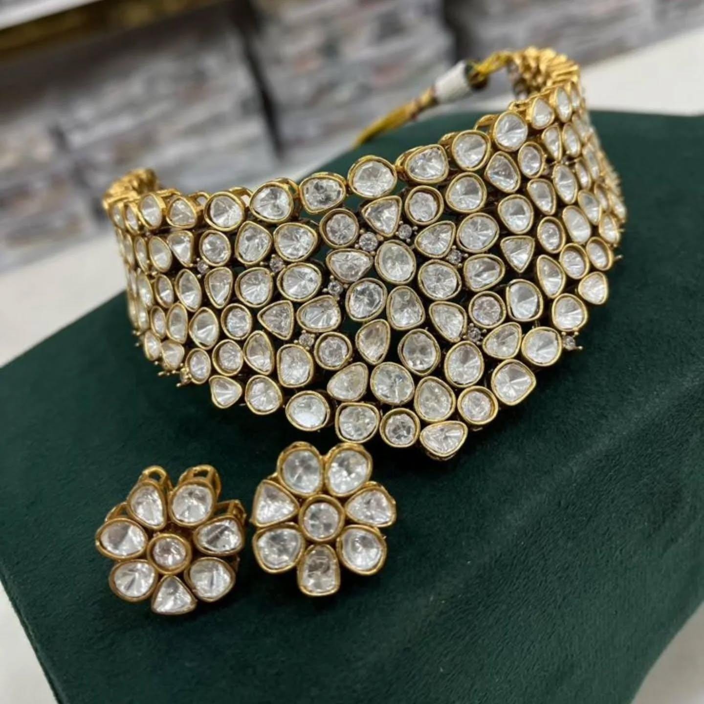 real mossinte choker set with stud earrings grand mossinte jewellery kundan polki necklace