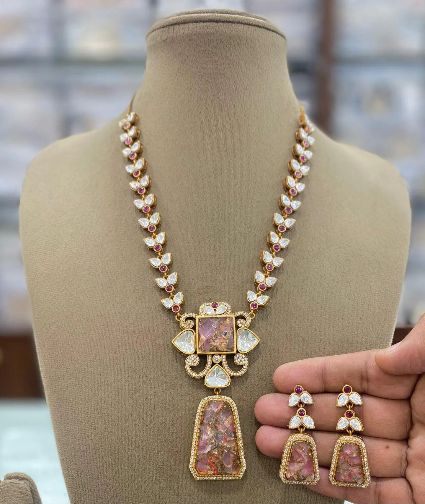 mossinte long necklace ad jewellery american diamond necklace Sabyasachi jewellery