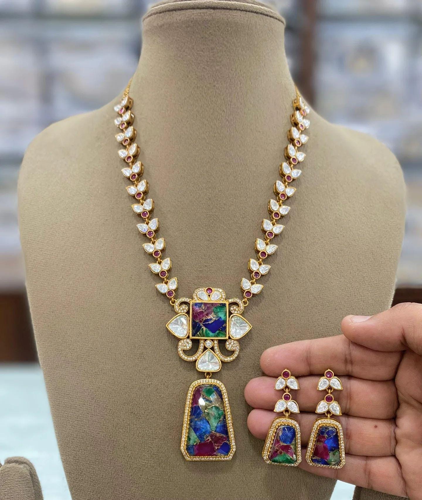 mossinte long necklace ad jewellery american diamond necklace Sabyasachi jewellery