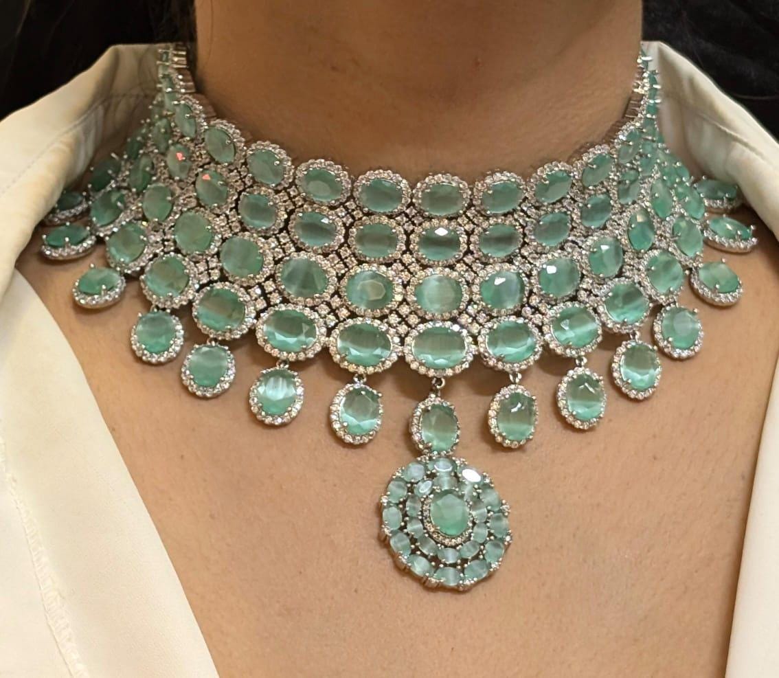 American diamond grand choker necklace set with earrings / turquoise necklace set