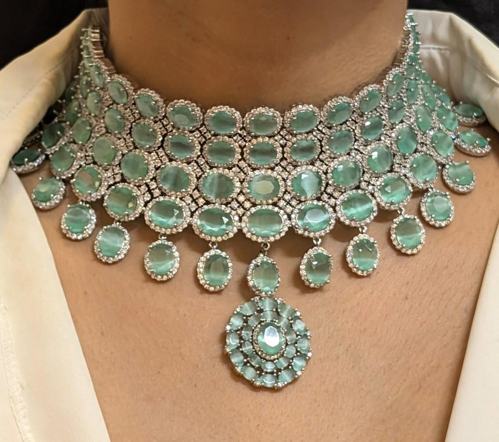 American diamond grand choker necklace set with earrings / turquoise necklace set