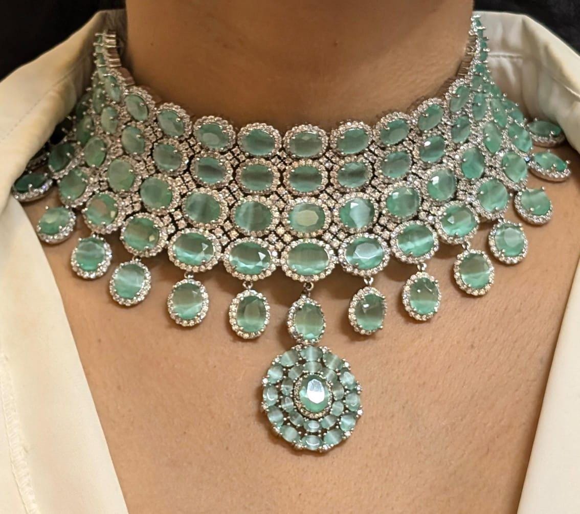 American diamond grand choker necklace set with earrings / turquoise necklace set