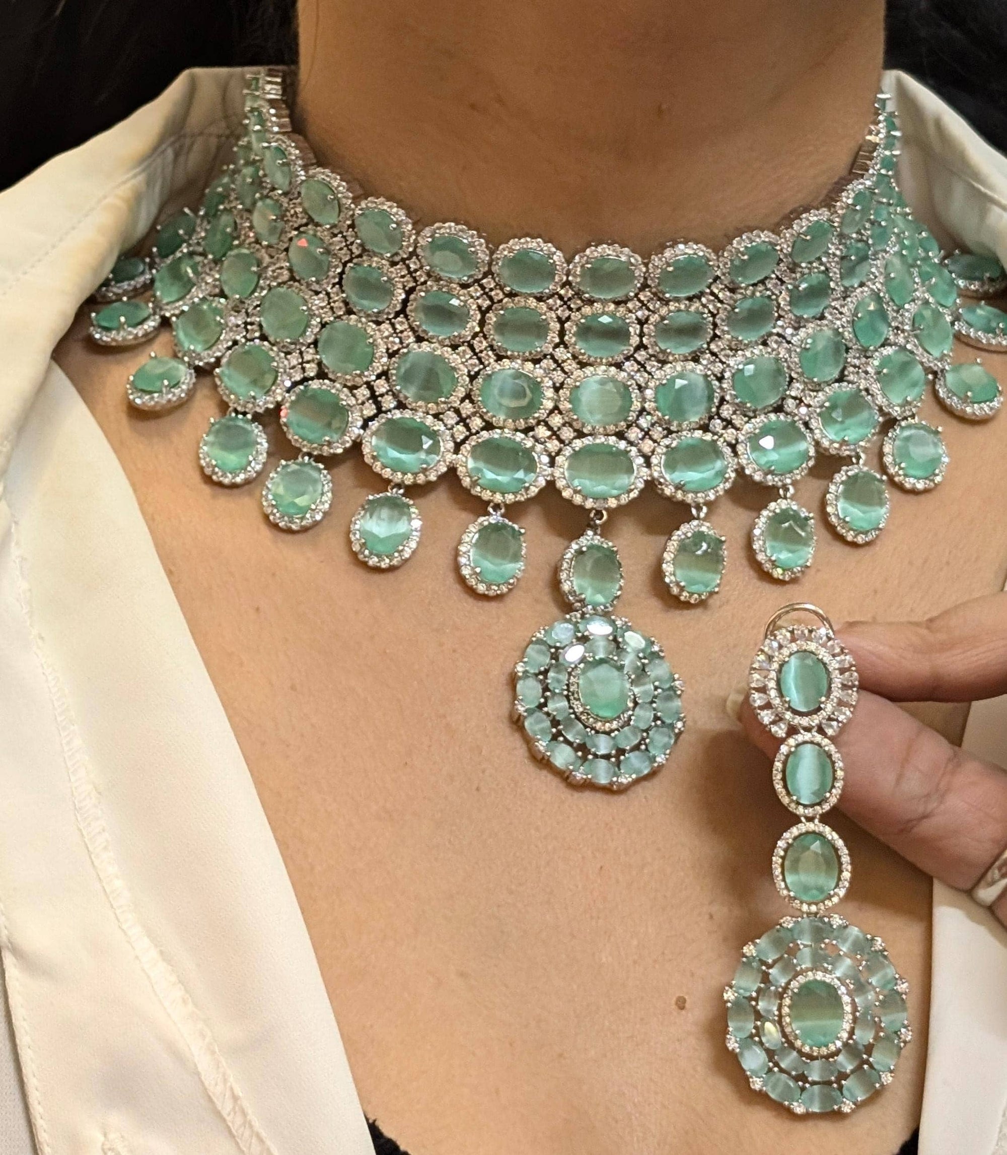 American diamond grand choker necklace set with earrings / turquoise necklace set