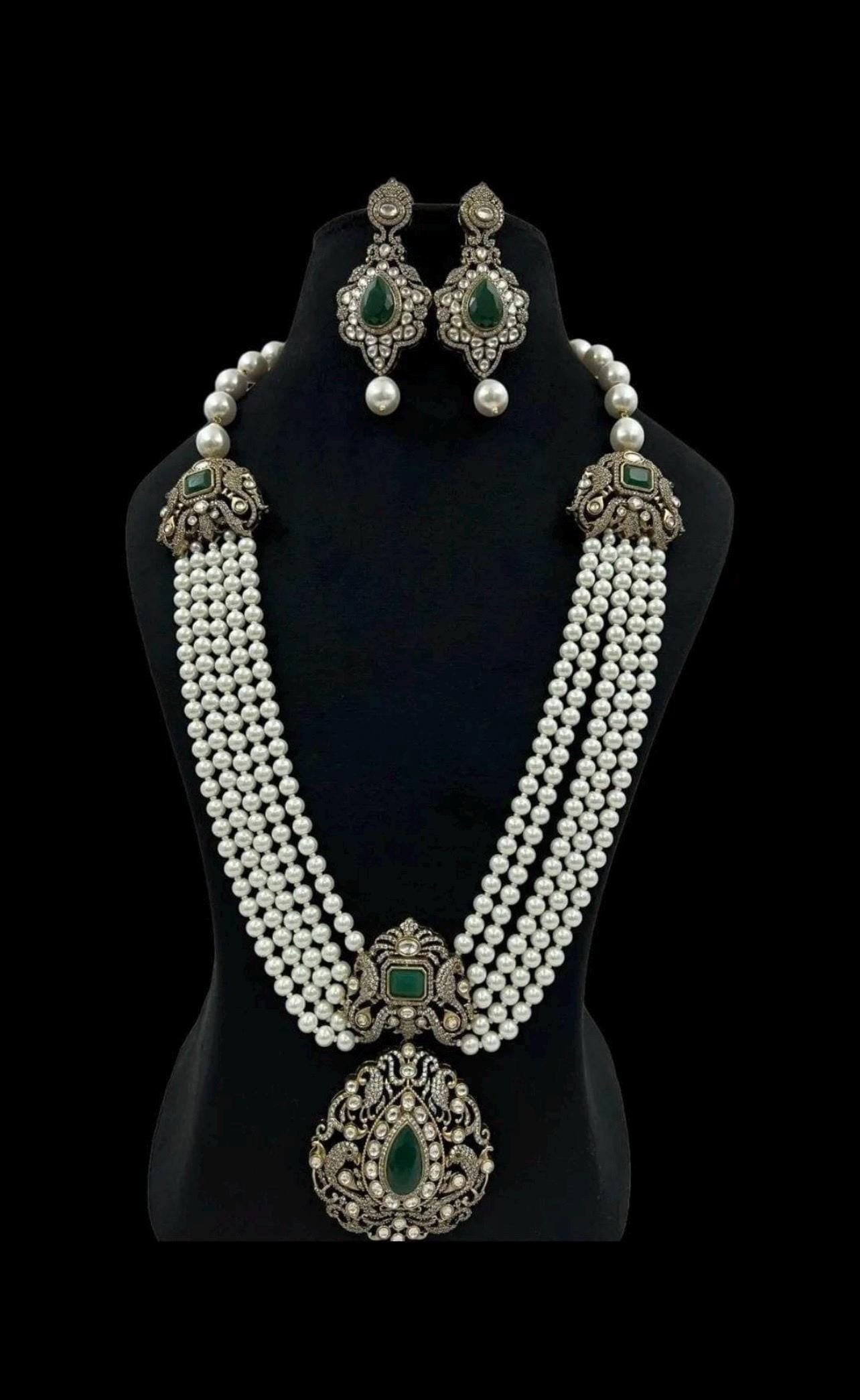 Long Victorian Layered Pearl Emerald Green Doublet Necklace With Statement Stud Earrings,long Indian Necklace sabyasachi Set