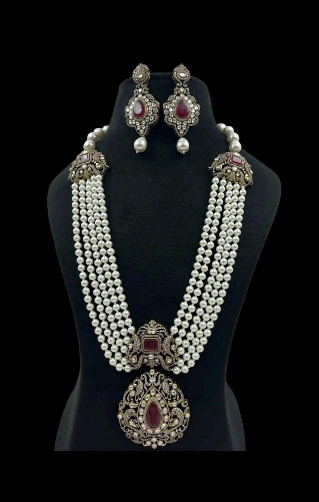 Long Victorian Layered Pearl Emerald Green Doublet Necklace With Statement Stud Earrings,long Indian Necklace sabyasachi Set