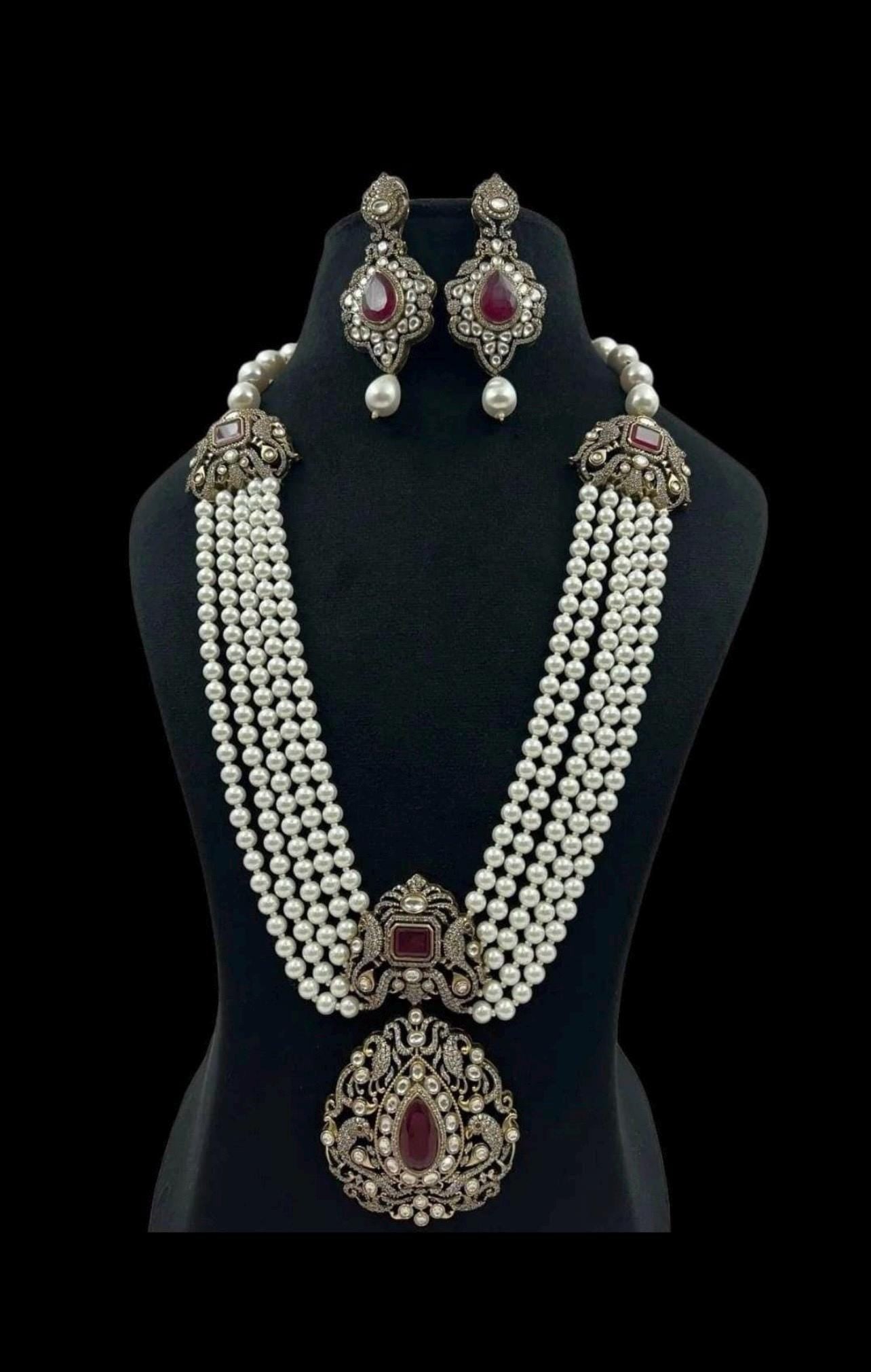 Long Victorian Layered Pearl Emerald Green Doublet Necklace With Statement Stud Earrings,long Indian Necklace sabyasachi Set