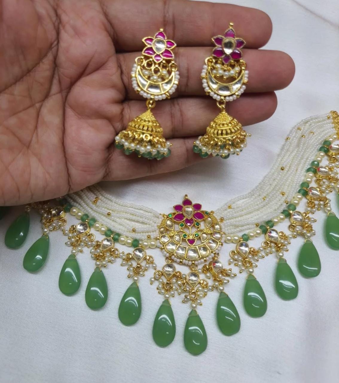pachi kundan necklace set with earrings and tikka/ pachi kundan jewellery set