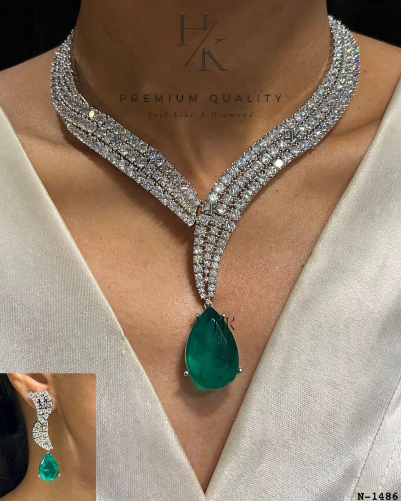 Emarald green american diamond statement necklace set with earrings/ ad necklace set with earrings