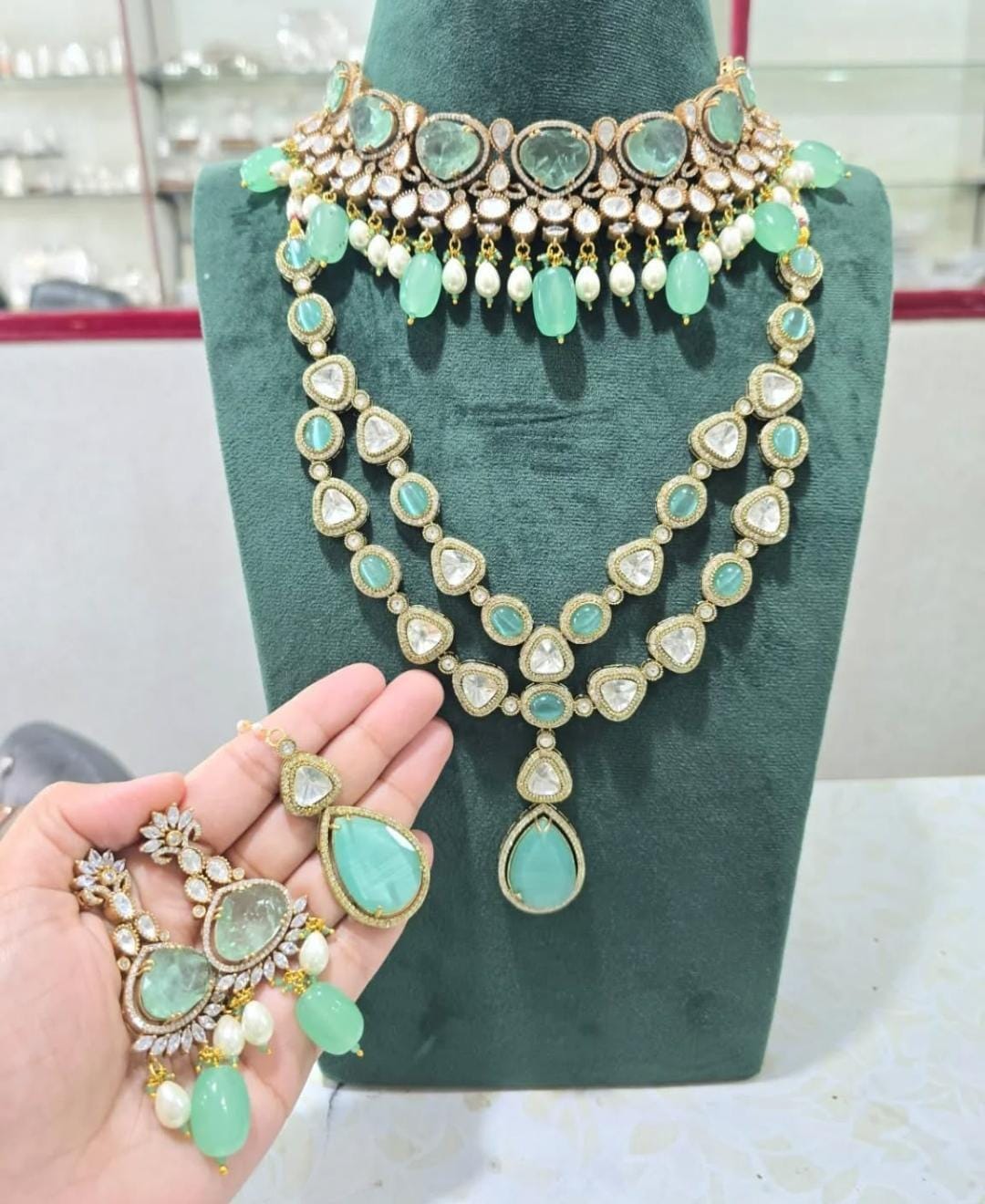 Doublets stones mint long and short necklace set with earrings and tikka / 2 layered necklace set