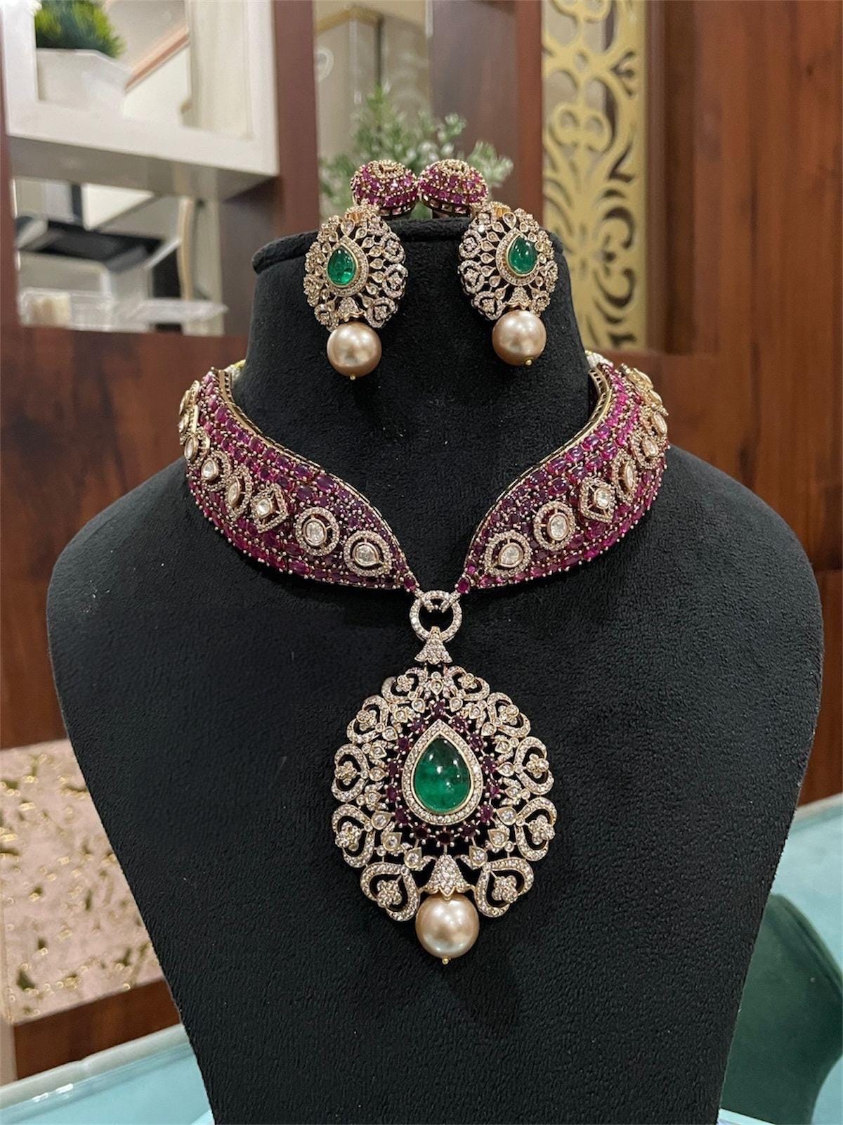 Kundan Necklace Sabyasachi Victorian Polki Diamond Necklace Heavy India Bridal Choker Blue Stone Indian Polki Necklace Pakistani Choker