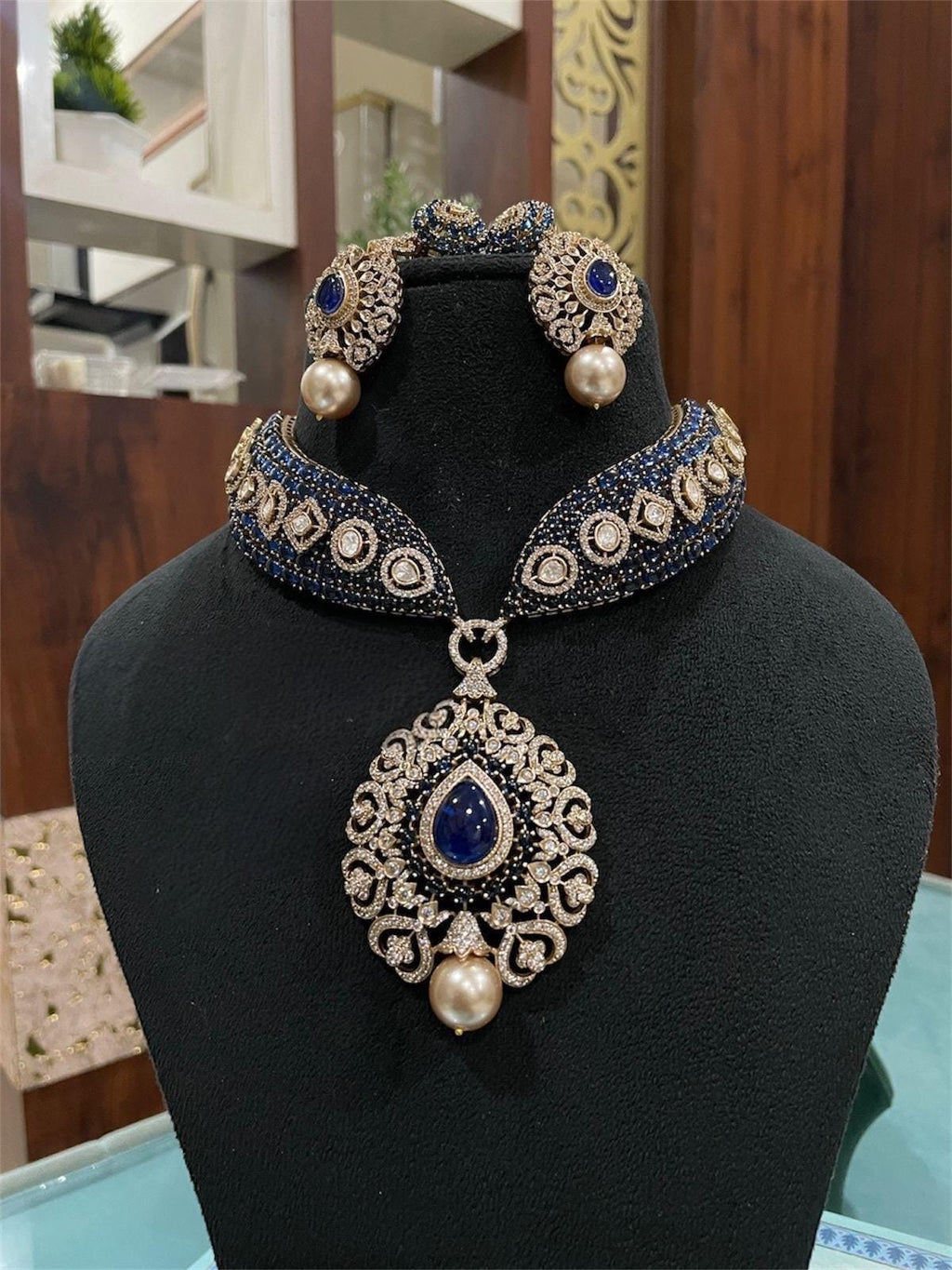 Kundan Necklace Sabyasachi Victorian Polki Diamond Necklace Heavy India Bridal Choker Blue Stone Indian Polki Necklace Pakistani Choker