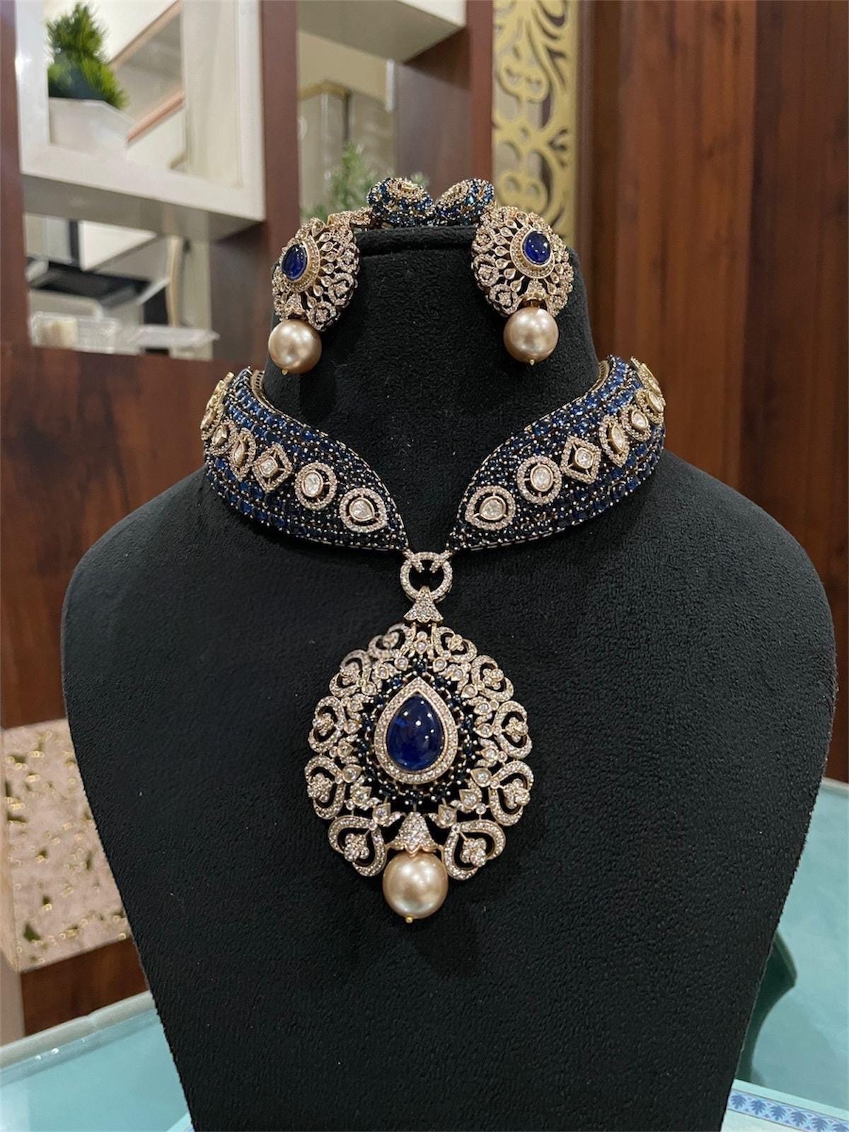 Kundan Necklace Sabyasachi Victorian Polki Diamond Necklace Heavy India Bridal Choker Blue Stone Indian Polki Necklace Pakistani Choker