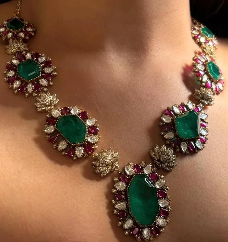 Green Red Victorian Doublet  polki diamond Necklace set ,Bollywood Sabyasachi Designer necklace Indian jewellery
