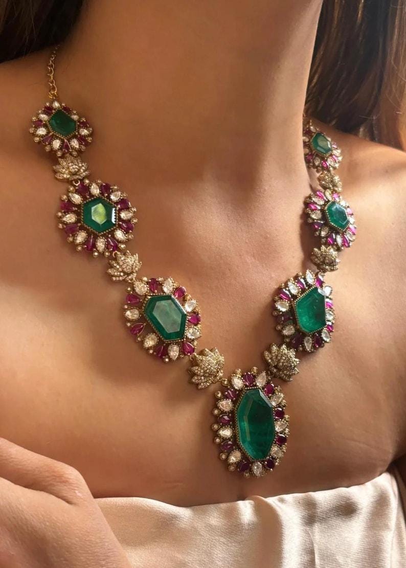 Green Red Victorian Doublet  polki diamond Necklace set ,Bollywood Sabyasachi Designer necklace Indian jewellery