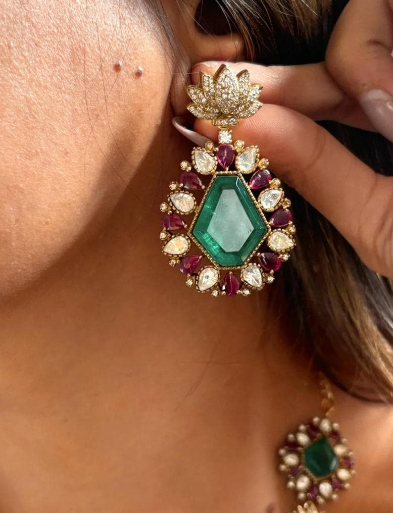 Green Red Victorian Doublet  polki diamond Necklace set ,Bollywood Sabyasachi Designer necklace Indian jewellery