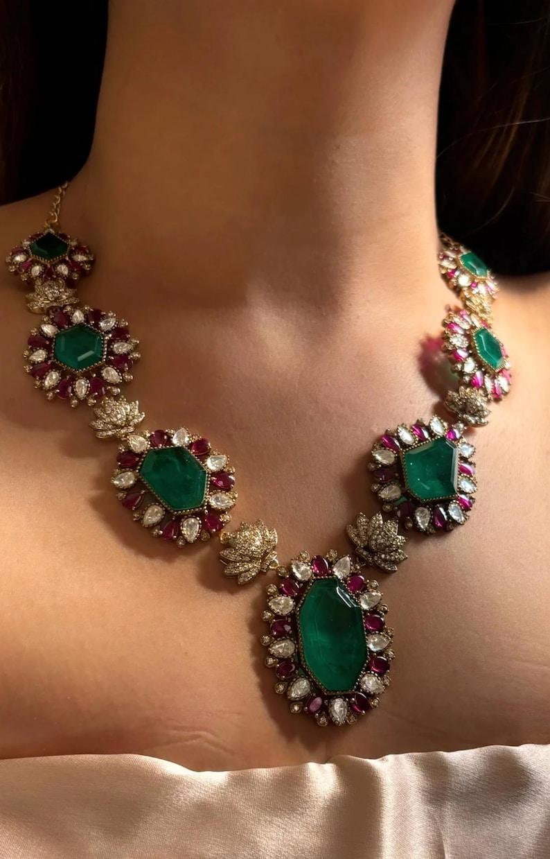 Green Red Victorian Doublet  polki diamond Necklace set ,Bollywood Sabyasachi Designer necklace Indian jewellery