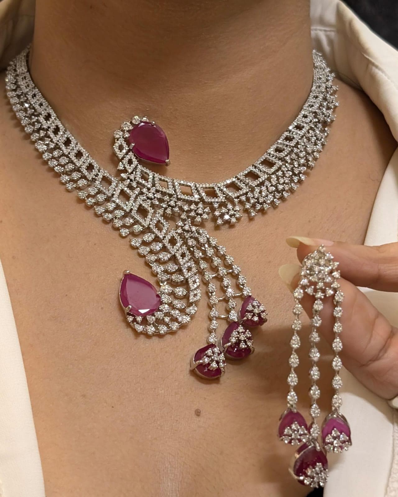 American diamond statement necklace set with earrings/ diamond jewelry set/ ad necklace set
