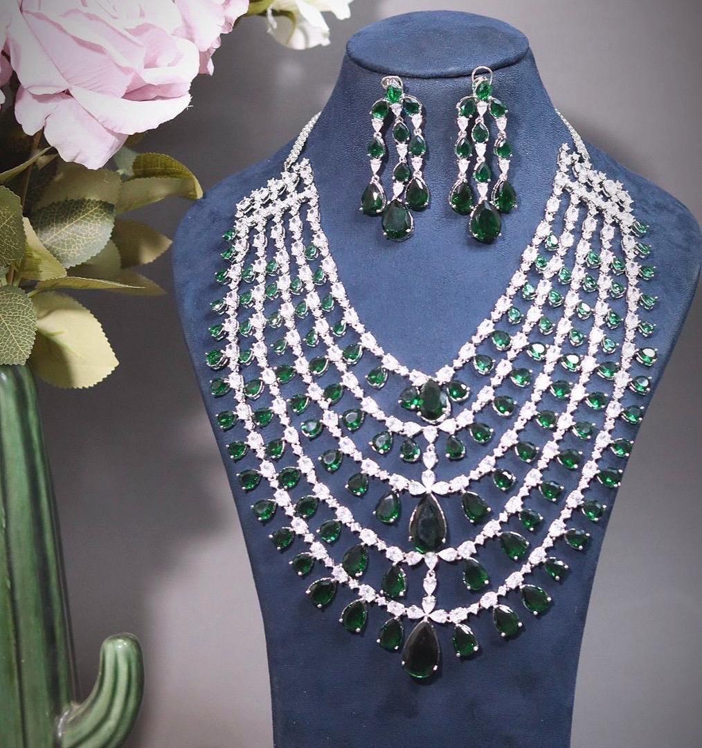 Multilayer Emerald green necklace earrings,Bollywood jewelry,Statement necklace,Indian Jewelry,Pakistani Wedding jewellery,CZ necklace