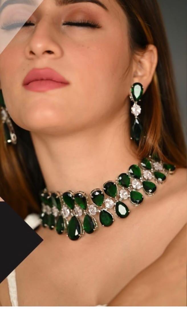 American diamond choker necklace set with earrings/statement necklace/Indian jewelry/fusion jewelry/Pakistani jewelry/Wedding necklace