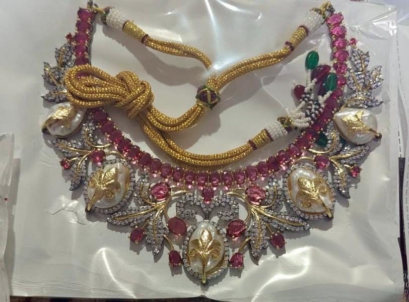 Victorian Choker Necklace,Ruby Pink Baroque Pearls CZ  Necklace with Statement Earrings,Sabyasachi Inspired Jewelry Set,Statement Necklace