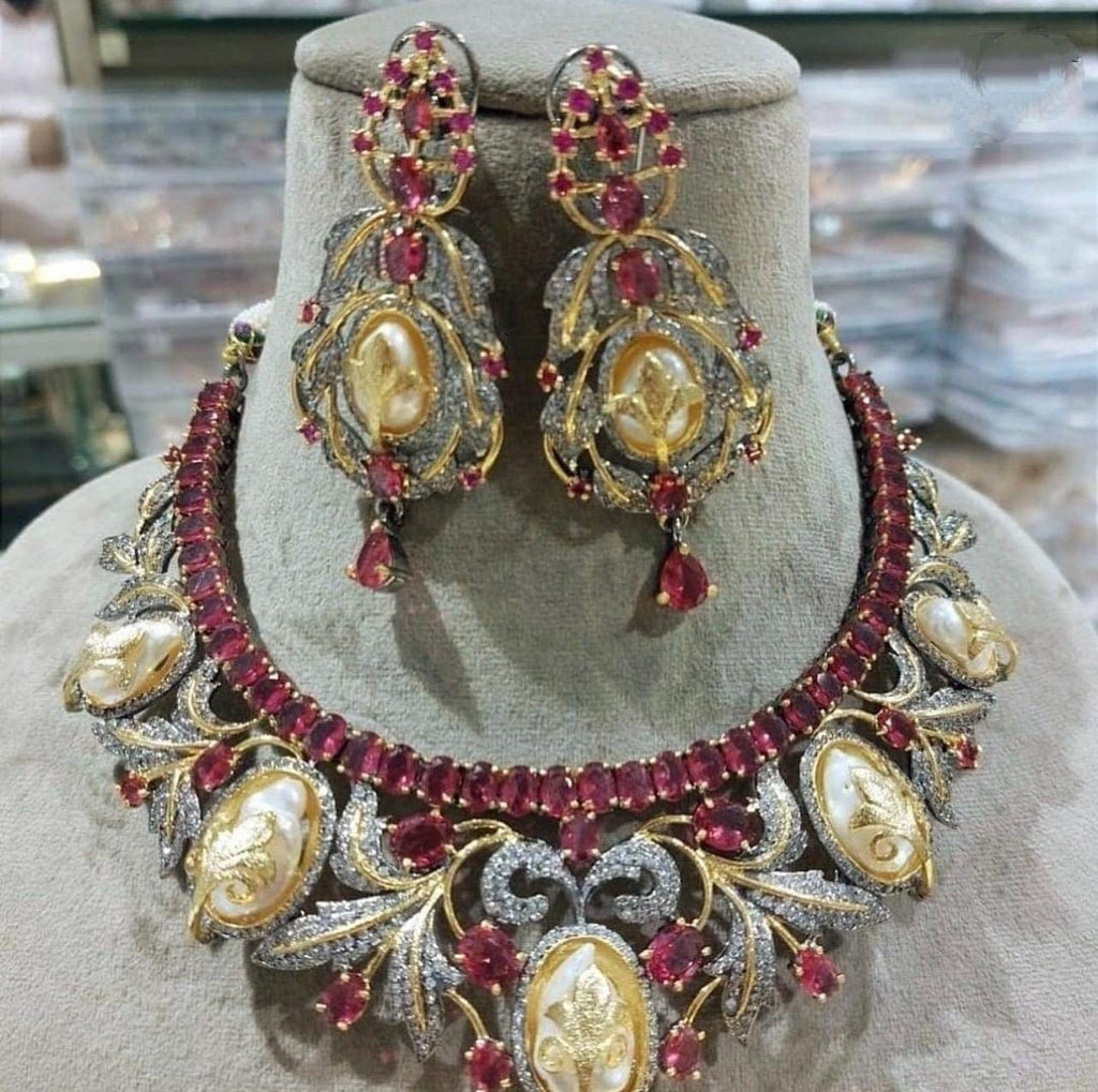 Victorian Choker Necklace,Ruby Pink Baroque Pearls CZ  Necklace with Statement Earrings,Sabyasachi Inspired Jewelry Set,Statement Necklace