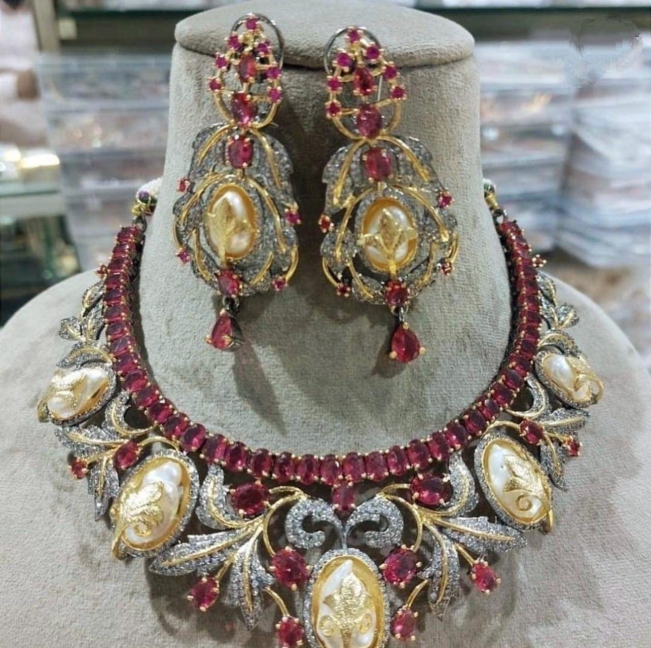 Victorian Choker Necklace,Ruby Pink Baroque Pearls CZ  Necklace with Statement Earrings,Sabyasachi Inspired Jewelry Set,Statement Necklace
