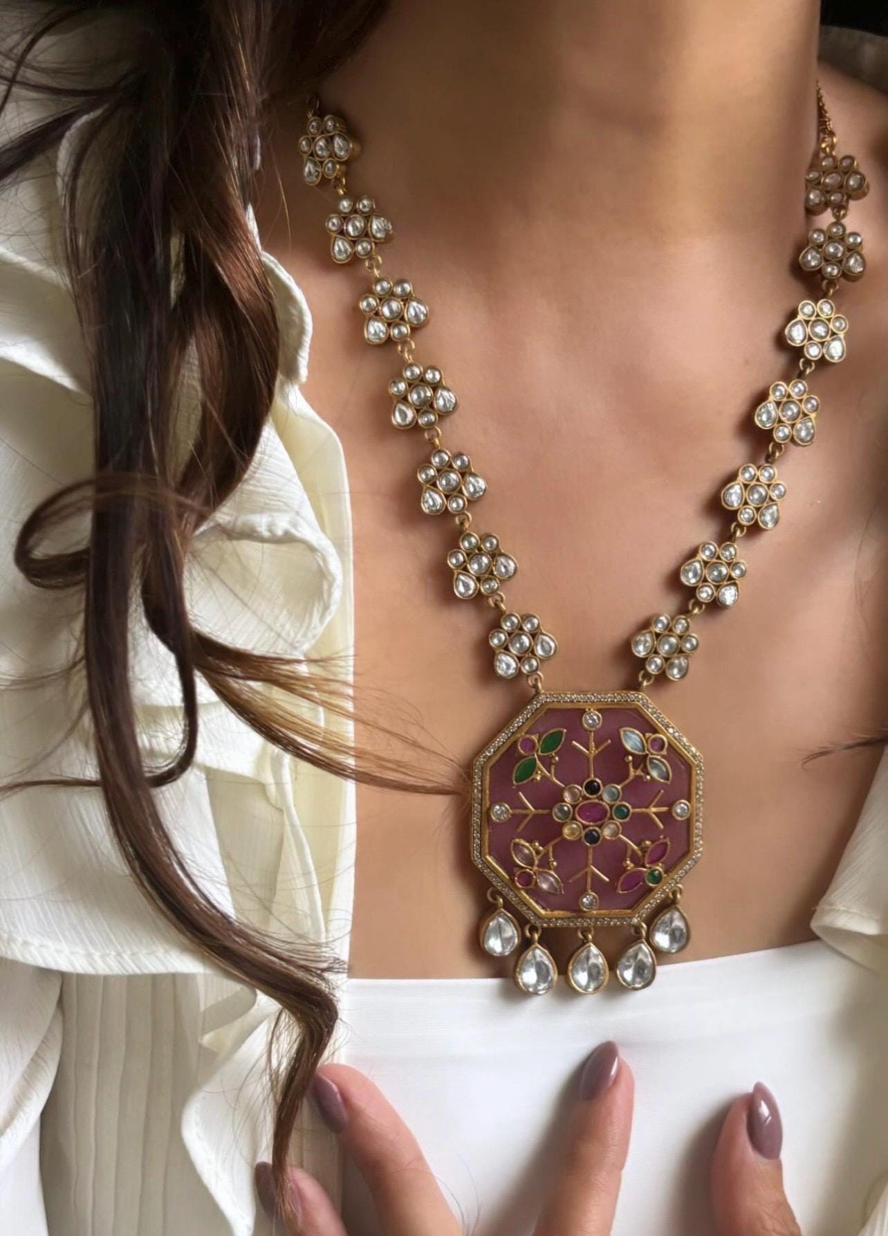 Pink Premium gold plated Kundan silver foil Mala Necklace/Long Necklace/Indian Jewelry/Pendent Set/Rani haar/Bridal Necklace/Indian Wedding