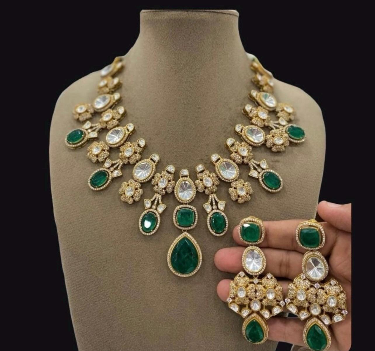 Light/Dark Emerald Green gold plated Doublet stone Uncut MoissanitePolki Kundan wedding Jewelry, Sabyasachi Jewelry,Tyaani Set,Statement Set