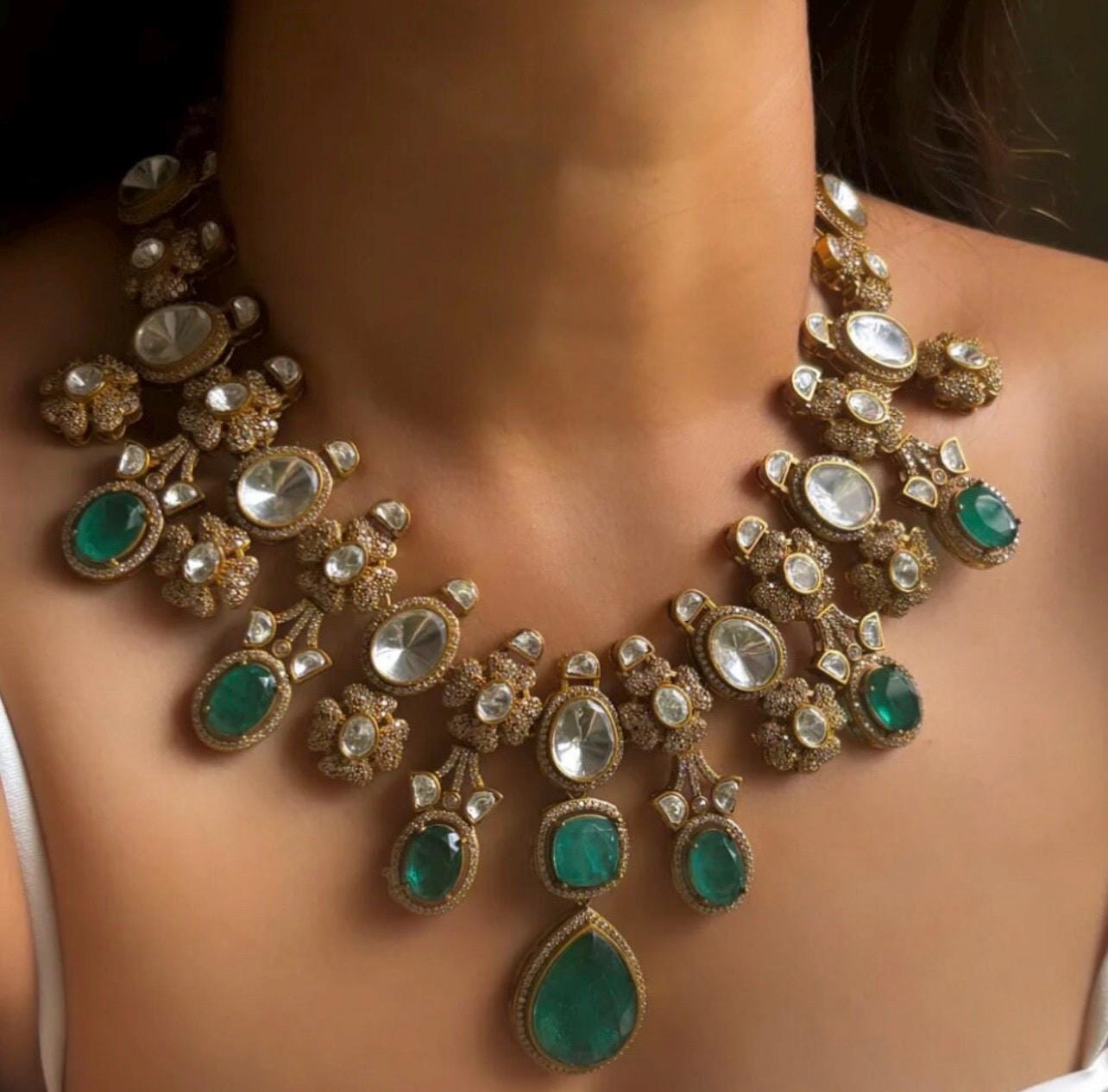 Light/Dark Emerald Green gold plated Doublet stone Uncut MoissanitePolki Kundan wedding Jewelry, Sabyasachi Jewelry,Tyaani Set,Statement Set