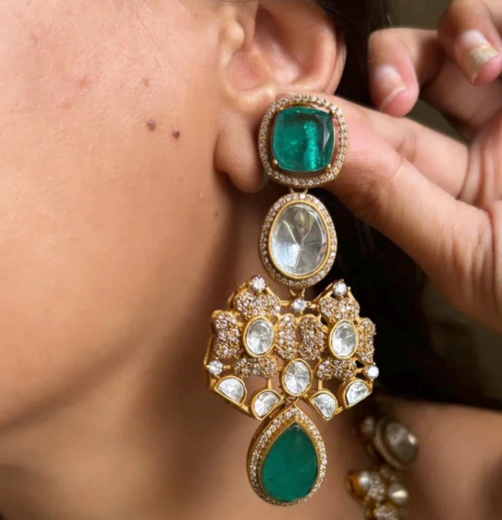 Light/Dark Emerald Green gold plated Doublet stone Uncut MoissanitePolki Kundan wedding Jewelry, Sabyasachi Jewelry,Tyaani Set,Statement Set