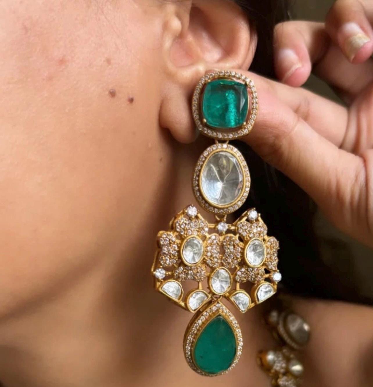 Light/Dark Emerald Green gold plated Doublet stone Uncut MoissanitePolki Kundan wedding Jewelry, Sabyasachi Jewelry,Tyaani Set,Statement Set
