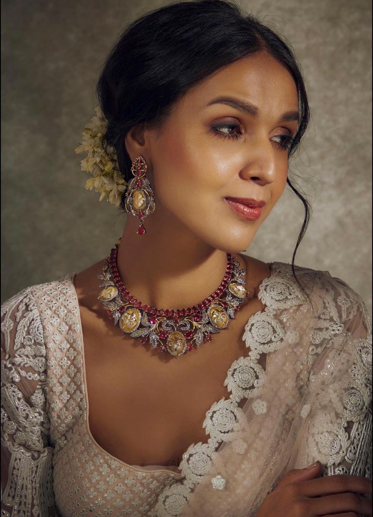Victorian Choker Necklace,Ruby Pink Baroque Pearls CZ  Necklace with Statement Earrings,Sabyasachi Inspired Jewelry Set,Statement Necklace