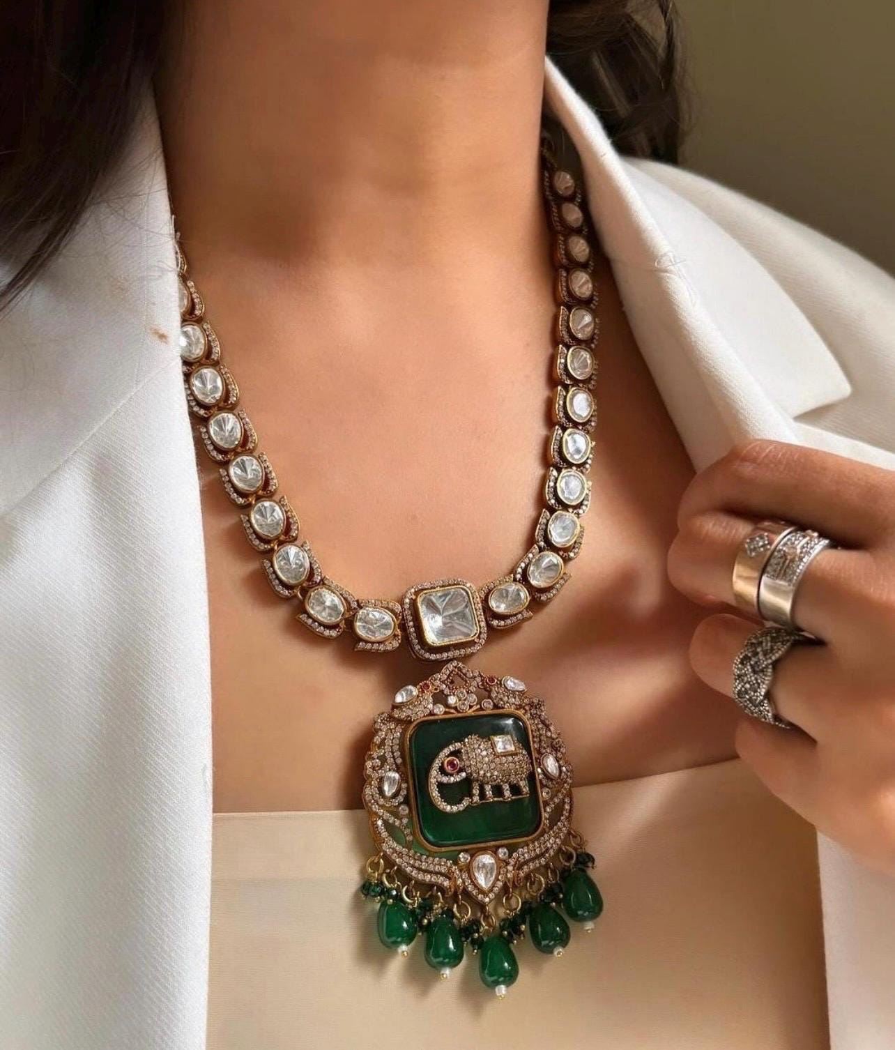 Premium Amrapali jewelry Inspired Victorian Gold long Moissanite Polki Kundan Zirconia Emerald & Ruby Elephant Motif Necklace With Earrings