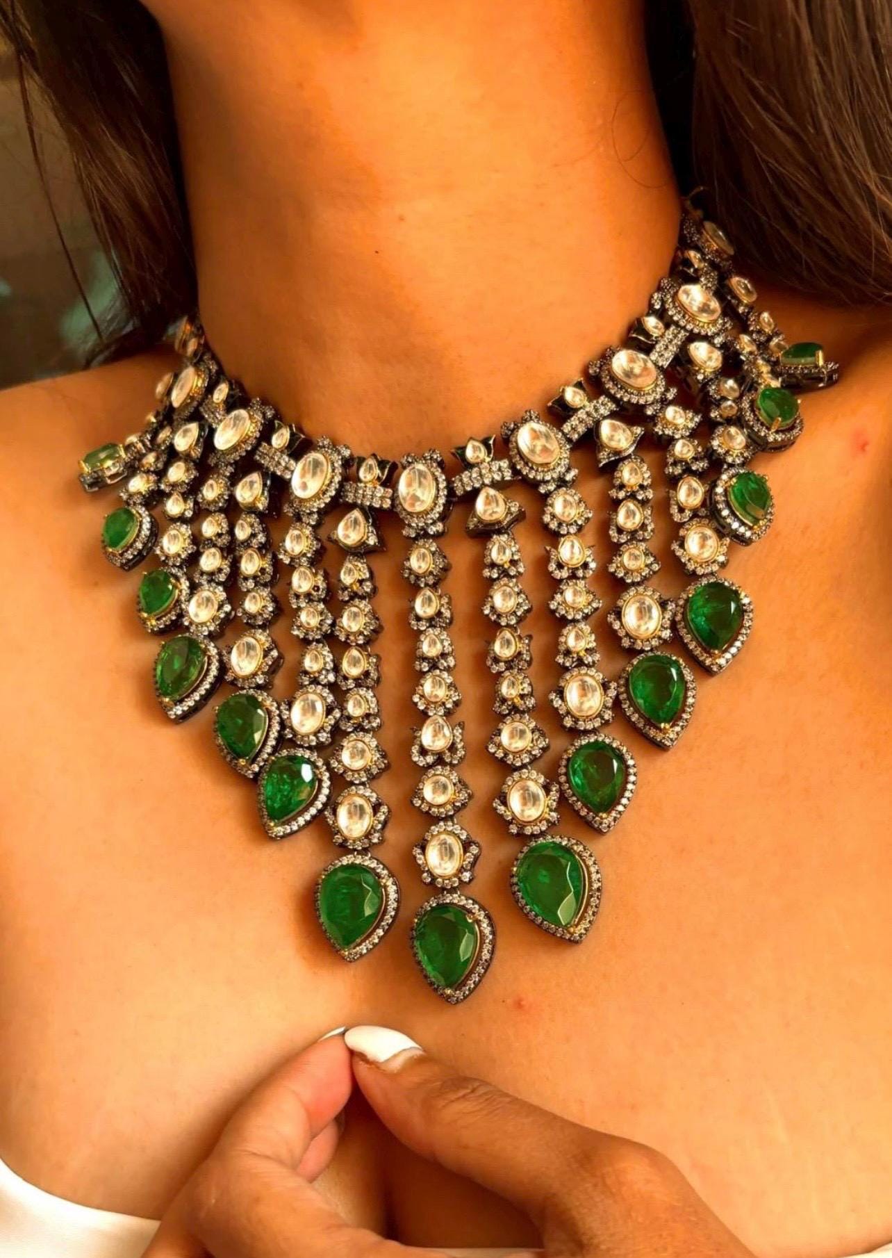 Emerald Victorian Moissanite Kundan Necklace, Sabyasachi necklace, Indian Jewelry, Pakistani Jewelry, Wedding necklace, Bridal necklace