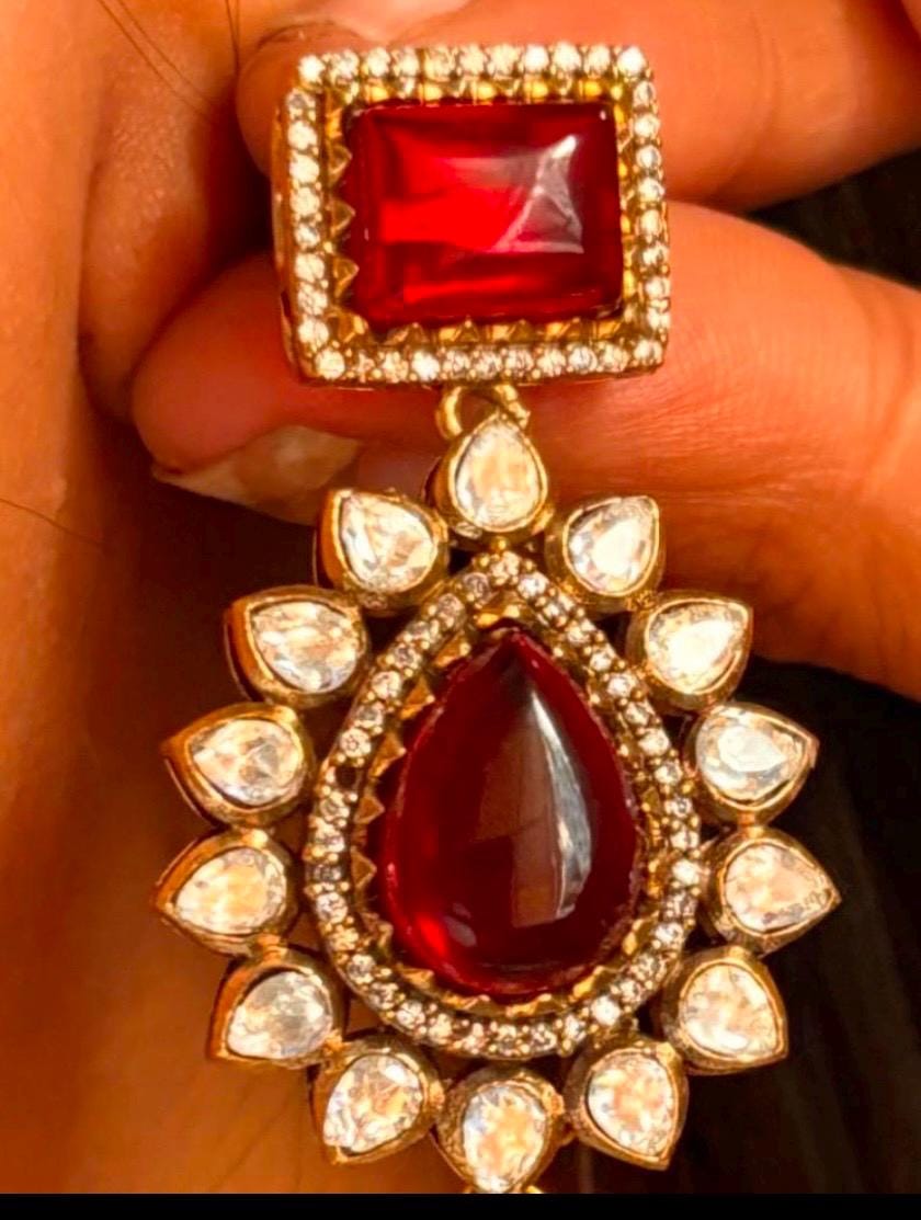 Three Layered Victorian Ruby Red/Emerald Green/Pink Two Tone Uncut Moissanite Kundan Zirconium Diamond Statement Necklace With Earring
