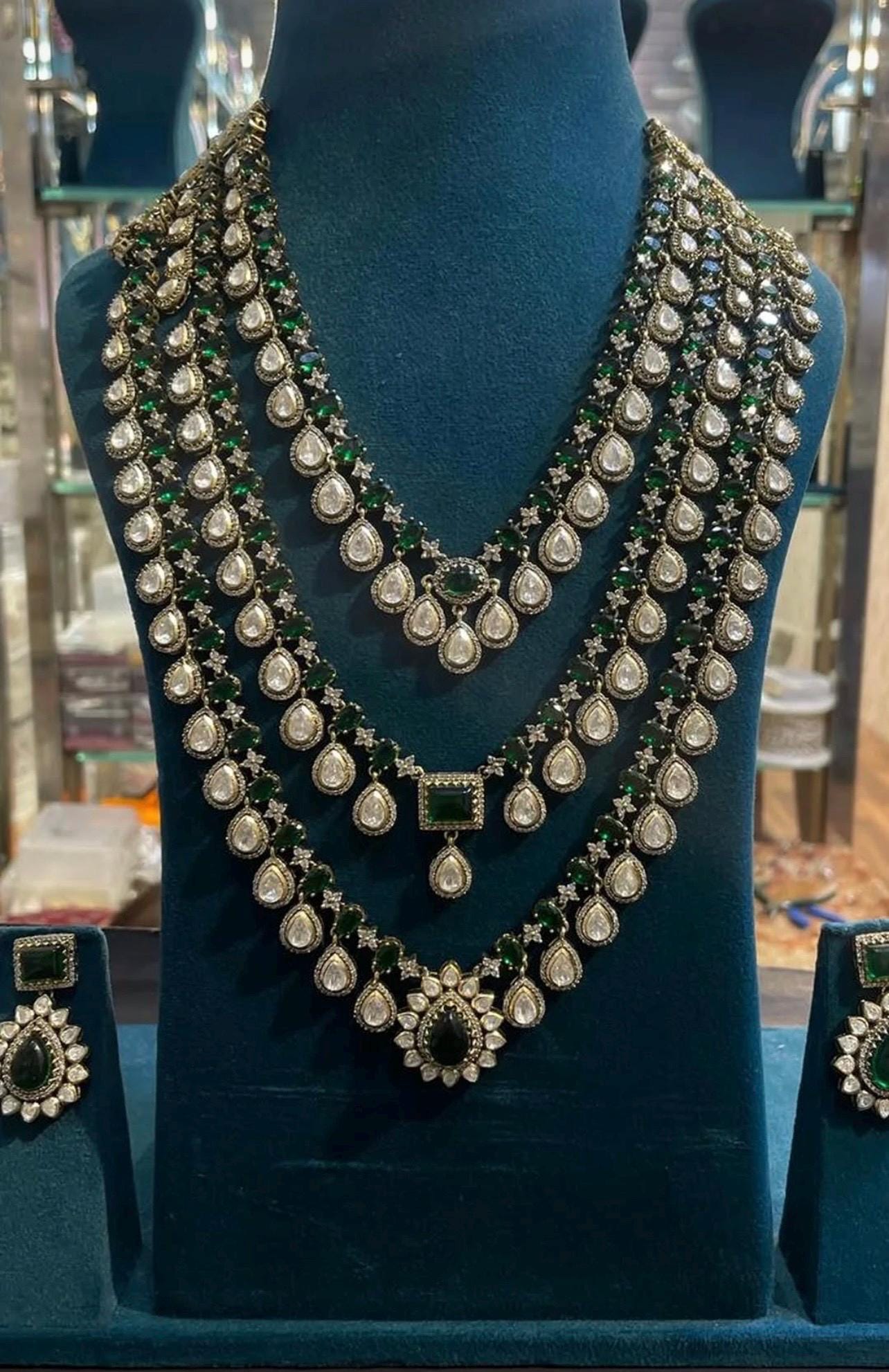 Three Layered Victorian Ruby Red/Emerald Green/Pink Two Tone Uncut Moissanite Kundan Zirconium Diamond Statement Necklace With Earring