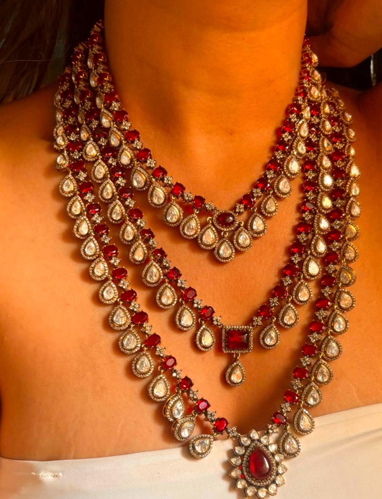 Three Layered Victorian Ruby Red/Emerald Green/Pink Two Tone Uncut Moissanite Kundan Zirconium Diamond Statement Necklace With Earring