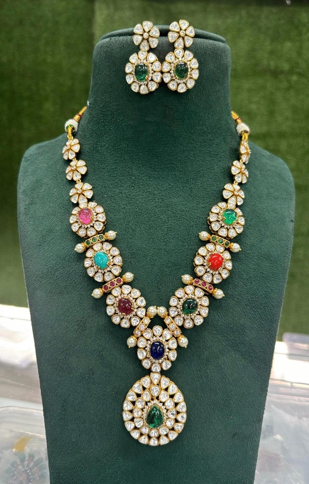 Navratan Multicolored Long Uncut Polki Necklace,Sabyasachi jewelry, Fusion Indian Long Necklace,Indian Jewelry,Long Pendant Necklace, bridal