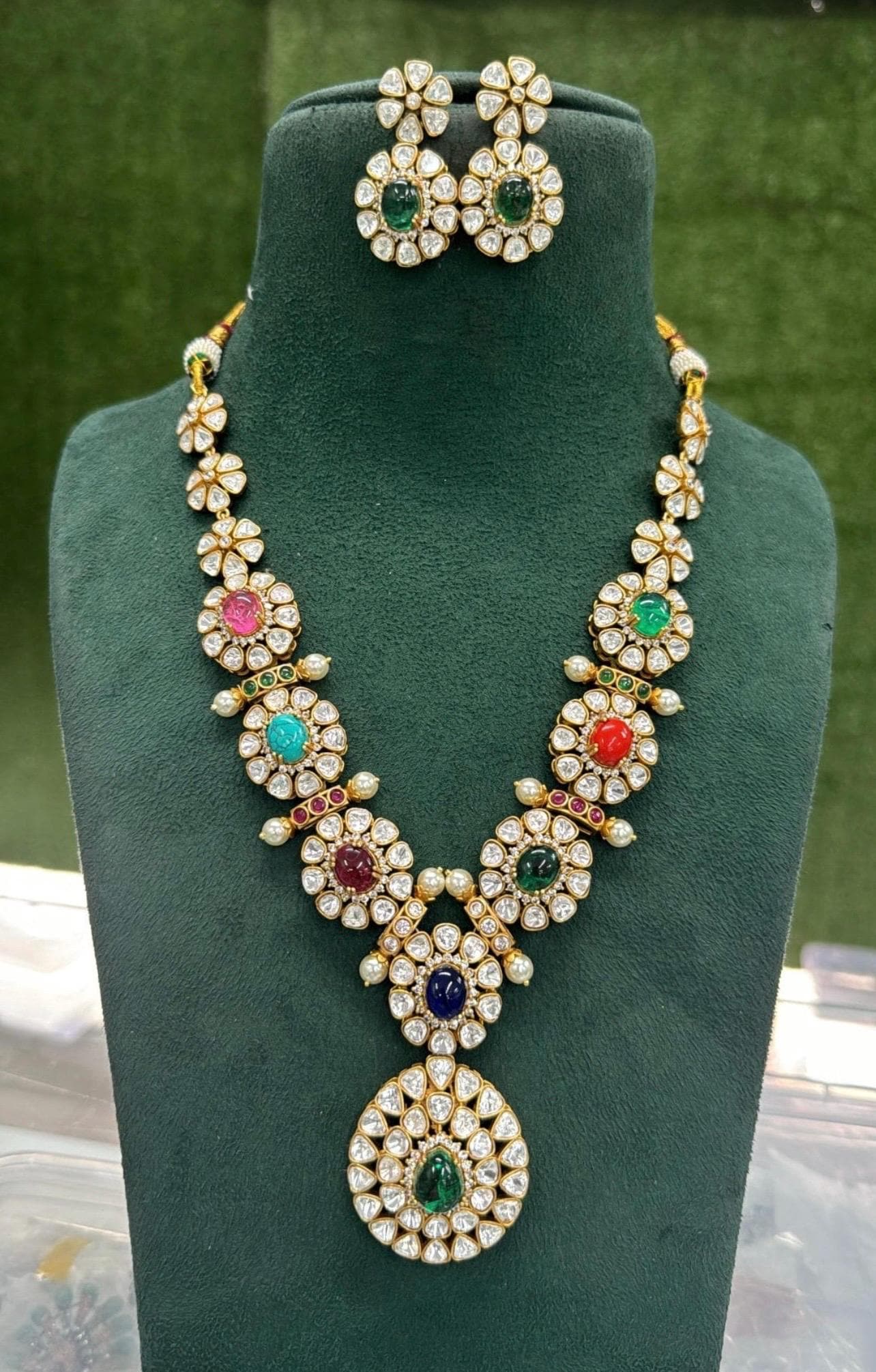 Navratan Multicolored Long Uncut Polki Necklace,Sabyasachi jewelry, Fusion Indian Long Necklace,Indian Jewelry,Long Pendant Necklace, bridal