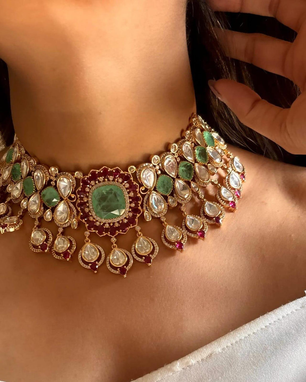 Tyaani Inspired Faux Polki Moissanite  Ruby Pink Emerald Mint  Doublet Choker Necklace With Earrings