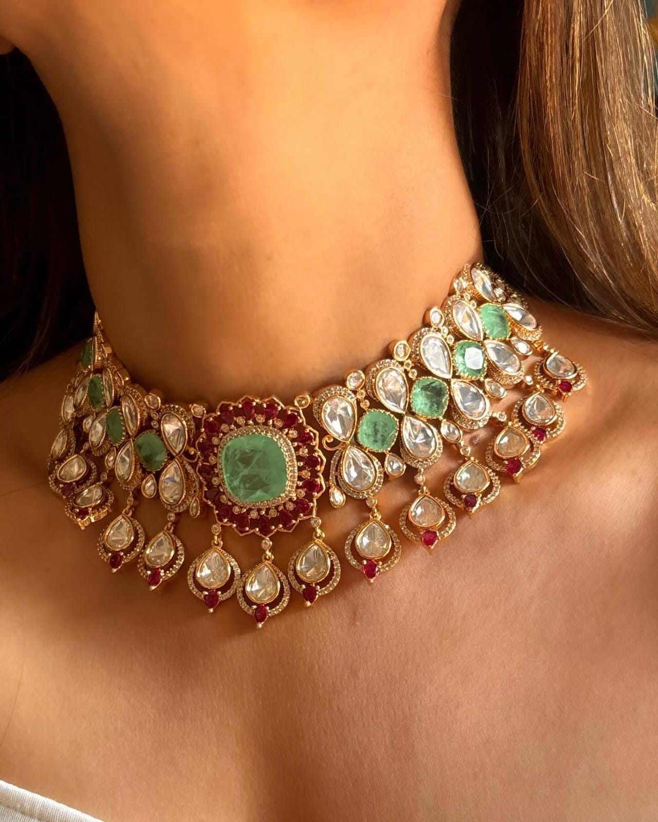 Tyaani inspired jewellery polki mossanite necklace ruby pink emralad jewellery choker necklace with earrings set