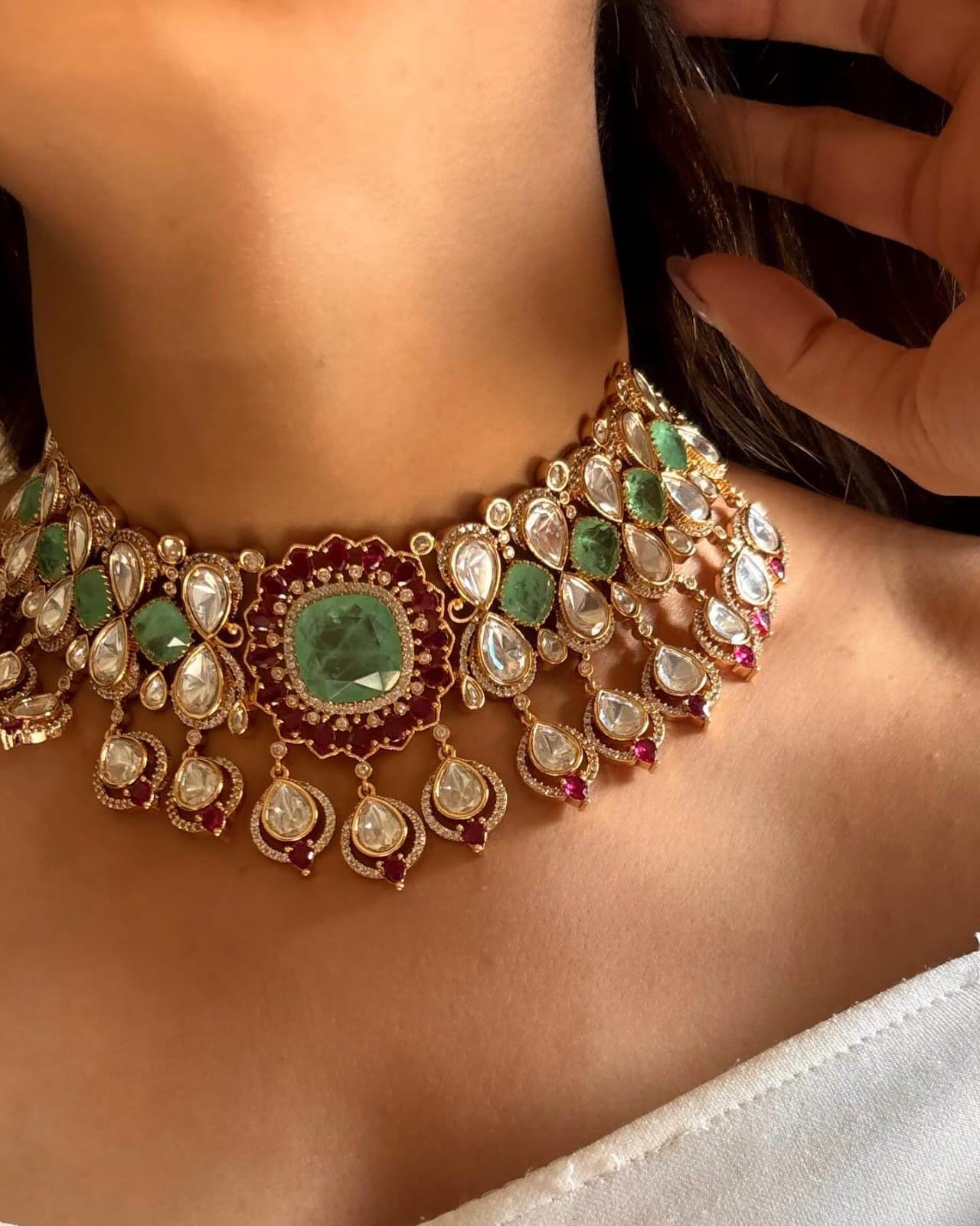Tyaani inspired jewellery polki mossanite necklace ruby pink emralad jewellery choker necklace with earrings set