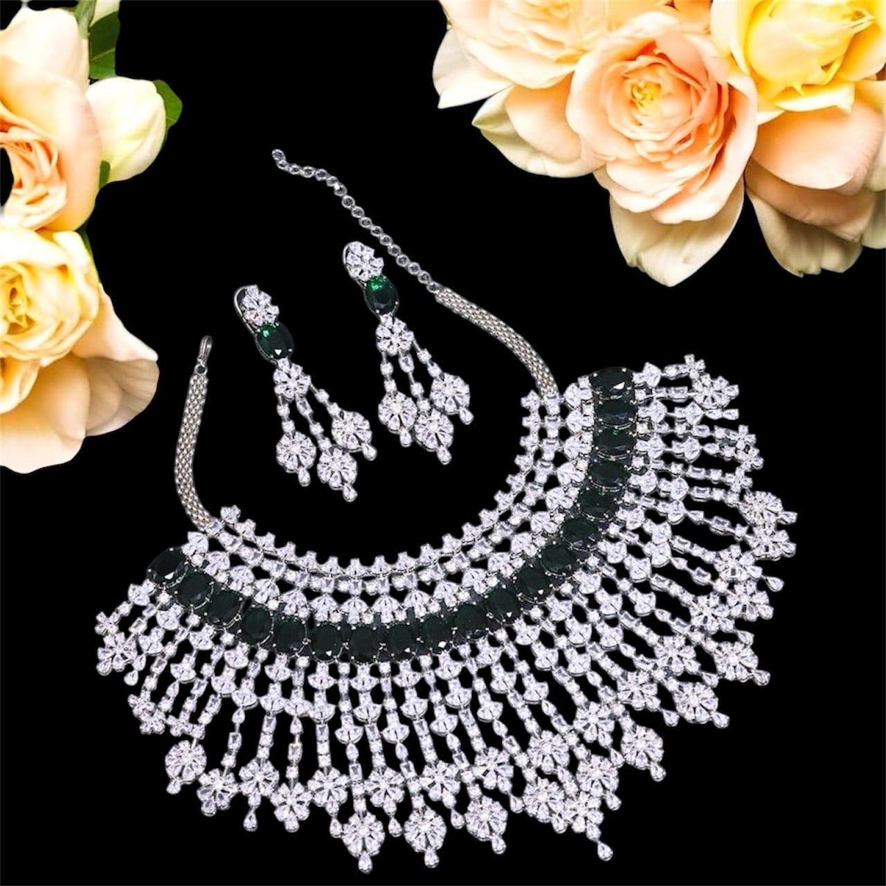Malaika Arora inspired very fine premium CZ and stones necklace with earrings/statement necklace/partywear necklace/bollywood jewelry
