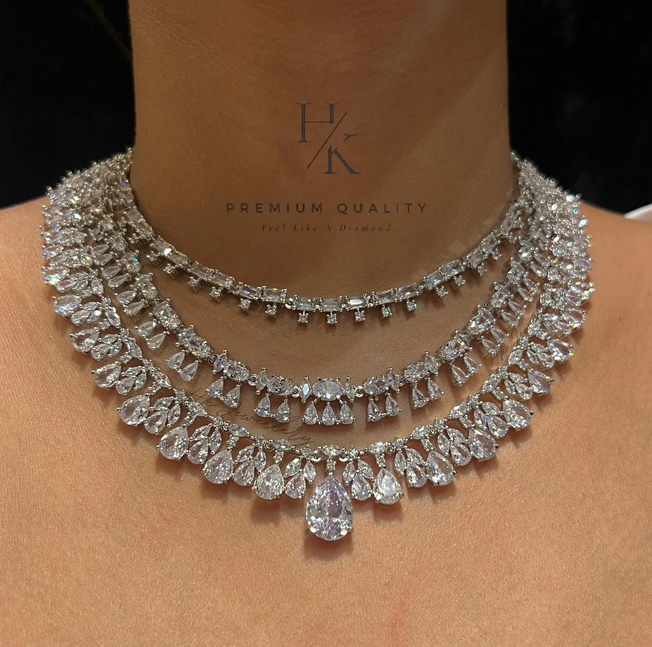 Amarican diamond layered necklace set with earrings/ ad necklace set/ diamond necklace set with earrings